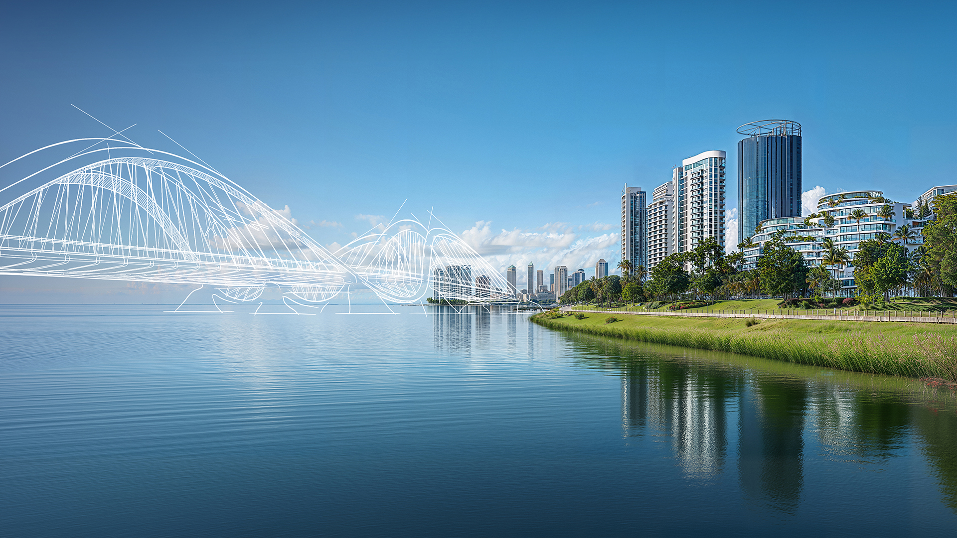 Un paysage urbain au bord de l'eau avec des gratte-ciel modernes à droite, des arbres verts le long du rivage et une eau calme qui reflète les bâtiments. À gauche, un pont translucide, rendu numériquement, apparaît au-dessus de l'eau et se fond dans le ciel bleu.