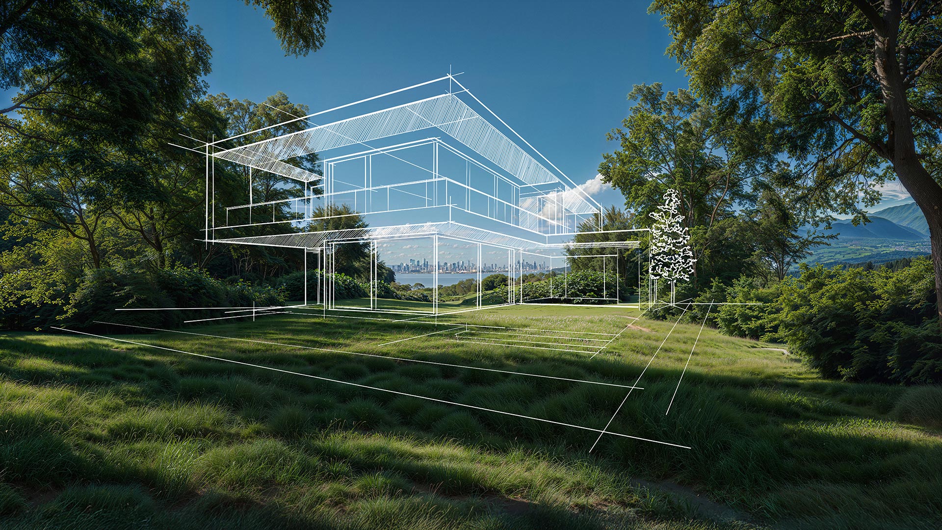 Illustration av en modern husdesign i vitt linjearbete placerad över en grönskande gräsmatta, omgiven av höga träd under en blå himmel med moln i bakgrunden.