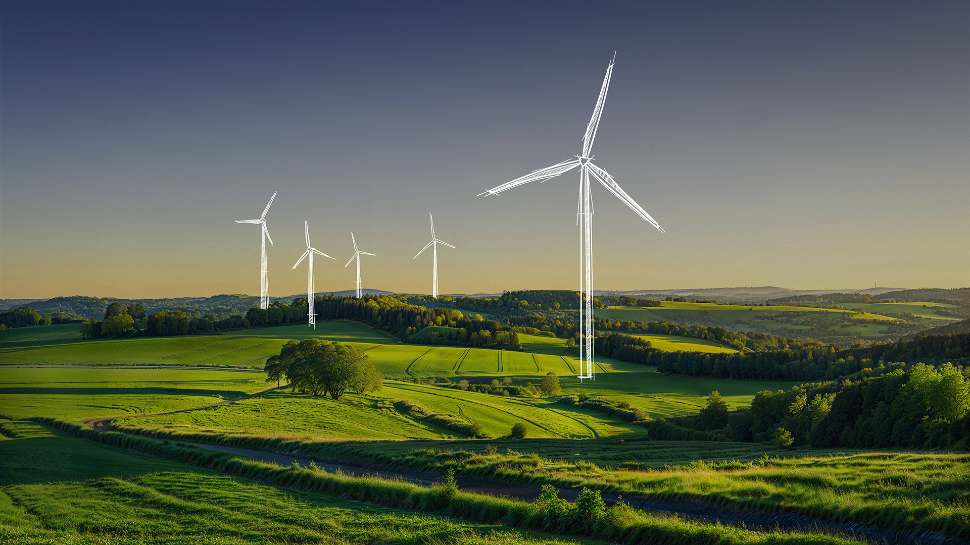 A scenic landscape at sunset with green rolling hills and five large white wind turbines evenly spaced, generating clean energy.