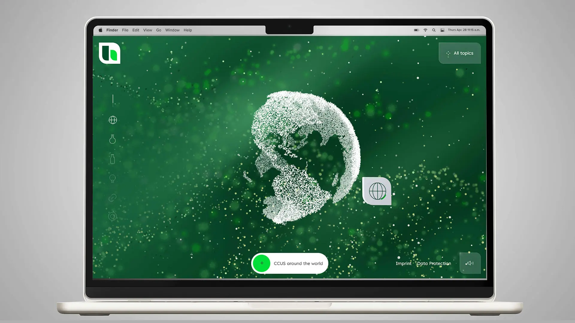Laptop screen displaying a green digital interface with a 3D globe, a start button, and app navigation icons.